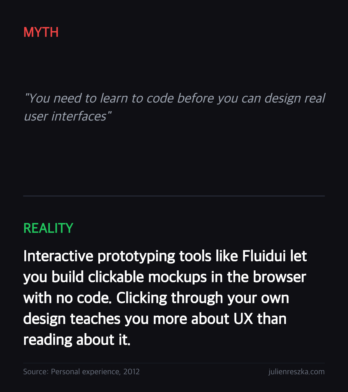 Myth: You need to learn to code before you can design real user interfaces — Reality: Interactive prototyping tools like Fluidui let you build clickable mockups in the browser with no code. Clicking through your own design teaches you more about UX than reading about it.