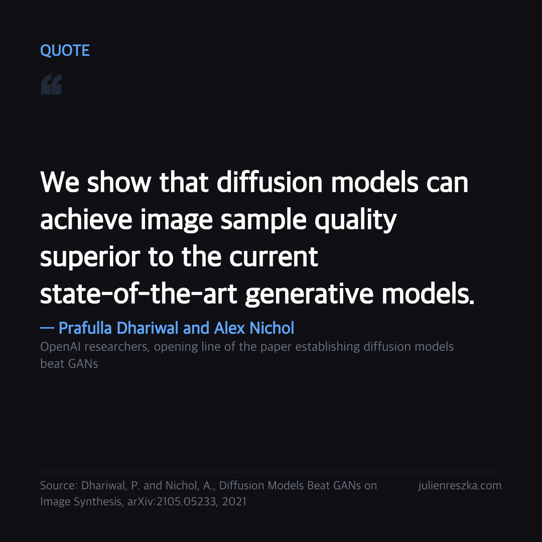 Quote: We show that diffusion models can achieve image sample quality superior to the current state-of-the-art generative models. — Prafulla Dhariwal and Alex Nichol