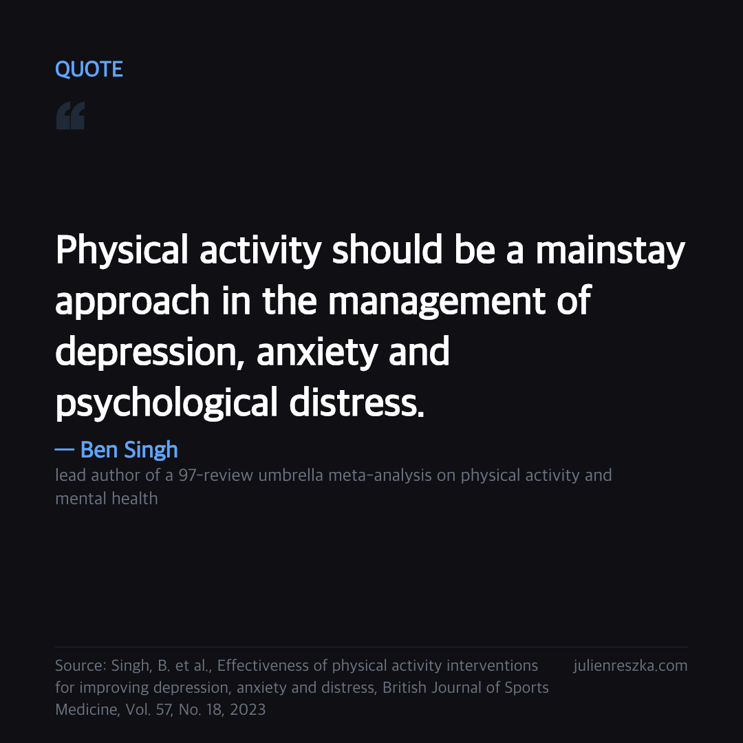 Quote: Physical activity should be a mainstay approach in the management of depression, anxiety and psychological distress. — Ben Singh