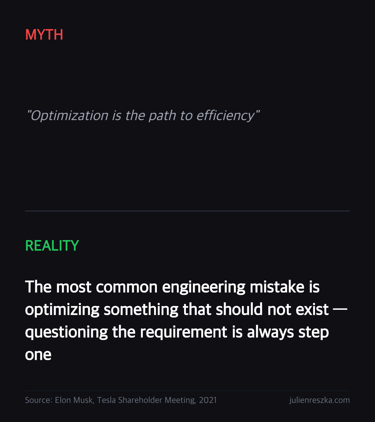 Myth: Optimization is the path to efficiency — Reality: The most common engineering mistake is optimizing something that should not exist — questioning the requirement is always step one