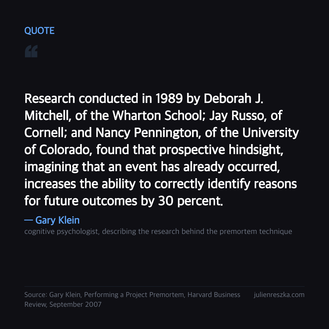 Quote: Research conducted in 1989 by Deborah J. Mitchell, of the Wharton School; Jay Russo, of Cornell; and Nancy Pennington, of the University of Colorado, found that prospective hindsight, imagining that an event has already occurred, increases the ability to correctly identify reasons for future outcomes by 30 percent. — Gary Klein