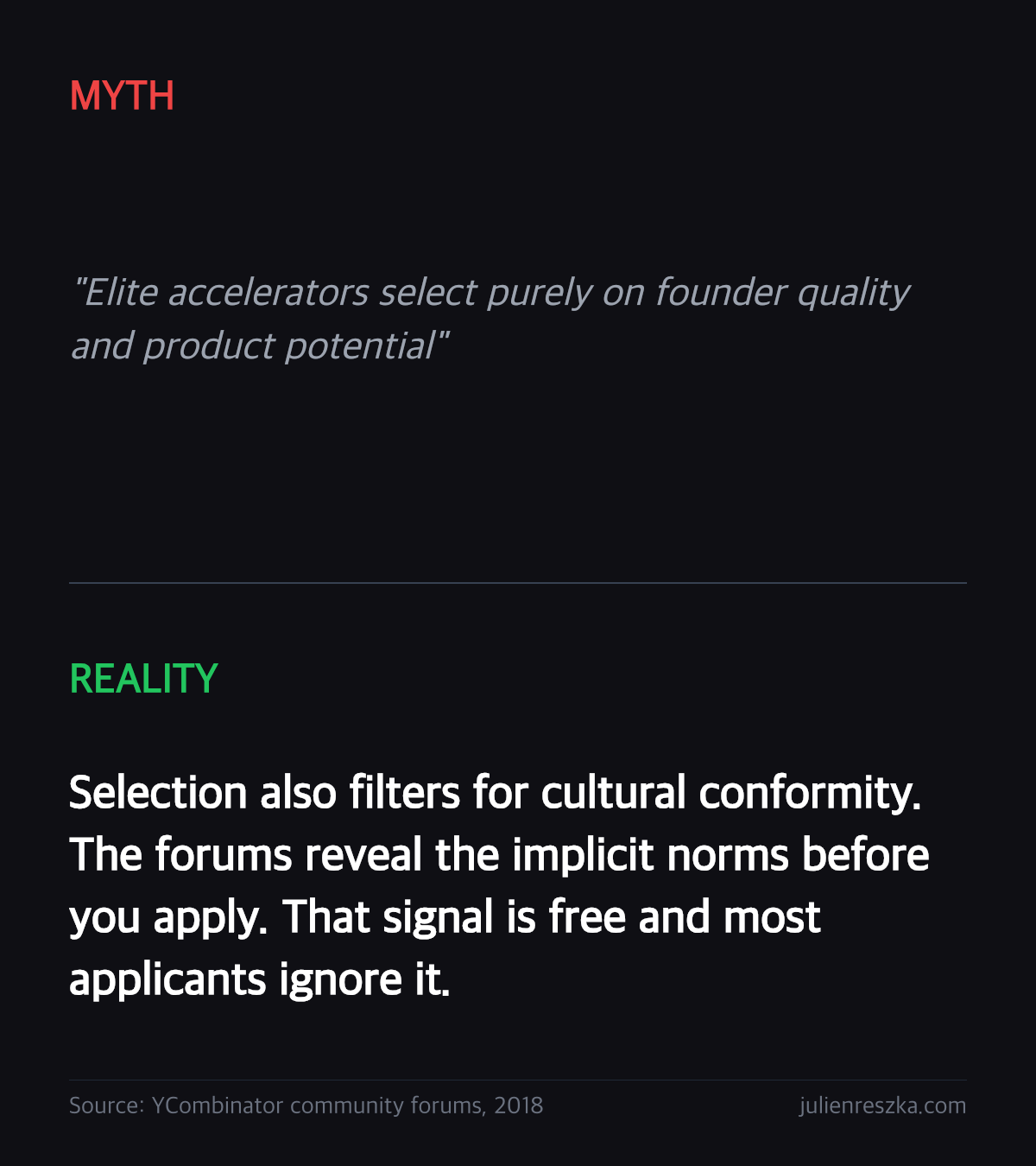 Myth: Elite accelerators select purely on founder quality and product potential — Reality: Selection also filters for cultural conformity. The forums reveal the implicit norms before you apply. That signal is free and most applicants ignore it.