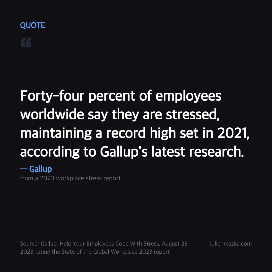 Quote: Forty-four percent of employees worldwide say they are stressed, maintaining a record high set in 2021, according to Gallup's latest research. — Gallup