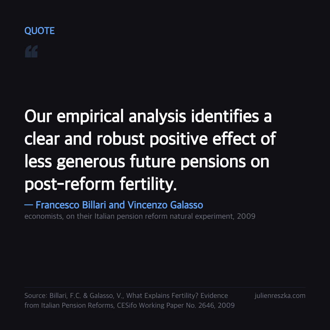 Quote: Our empirical analysis identifies a clear and robust positive effect of less generous future pensions on post-reform fertility. — Francesco Billari and Vincenzo Galasso