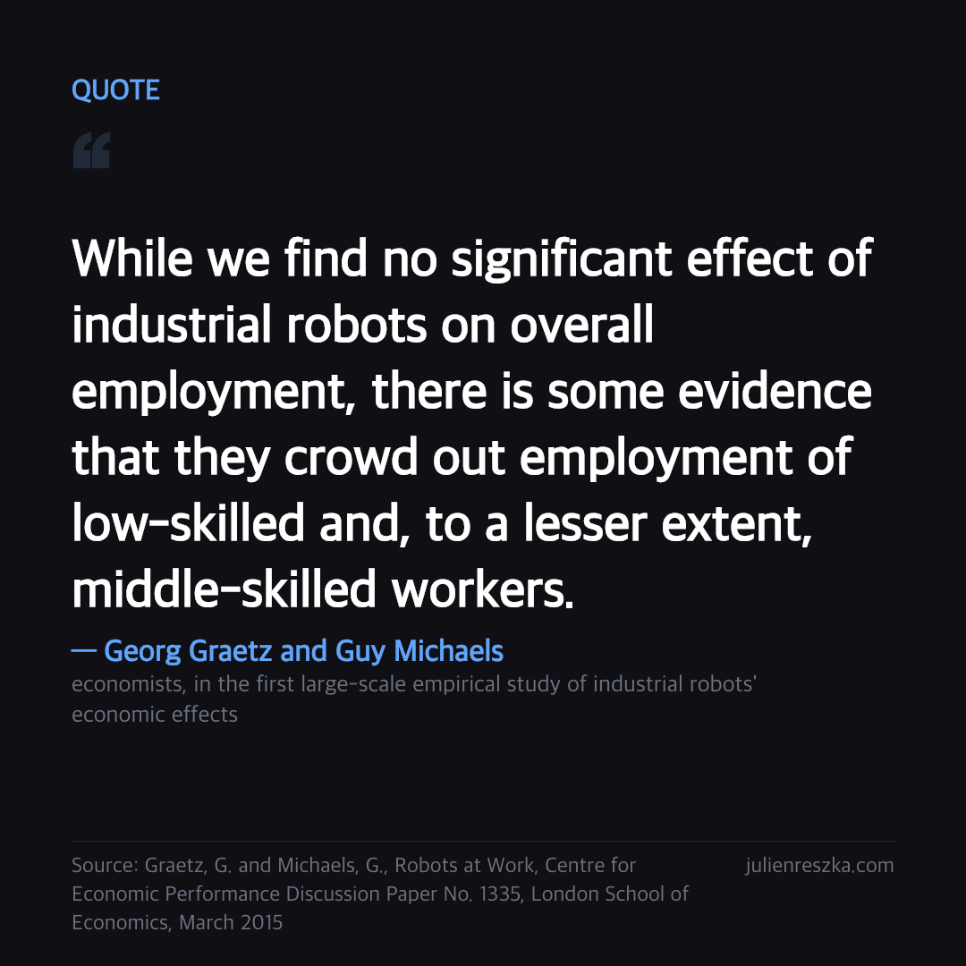 Quote: While we find no significant effect of industrial robots on overall employment, there is some evidence that they crowd out employment of low-skilled and, to a lesser extent, middle-skilled workers. — Georg Graetz and Guy Michaels