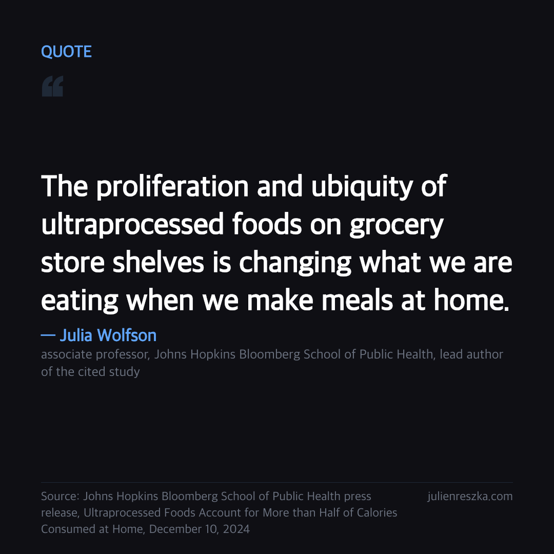 Quote: The proliferation and ubiquity of ultraprocessed foods on grocery store shelves is changing what we are eating when we make meals at home. — Julia Wolfson