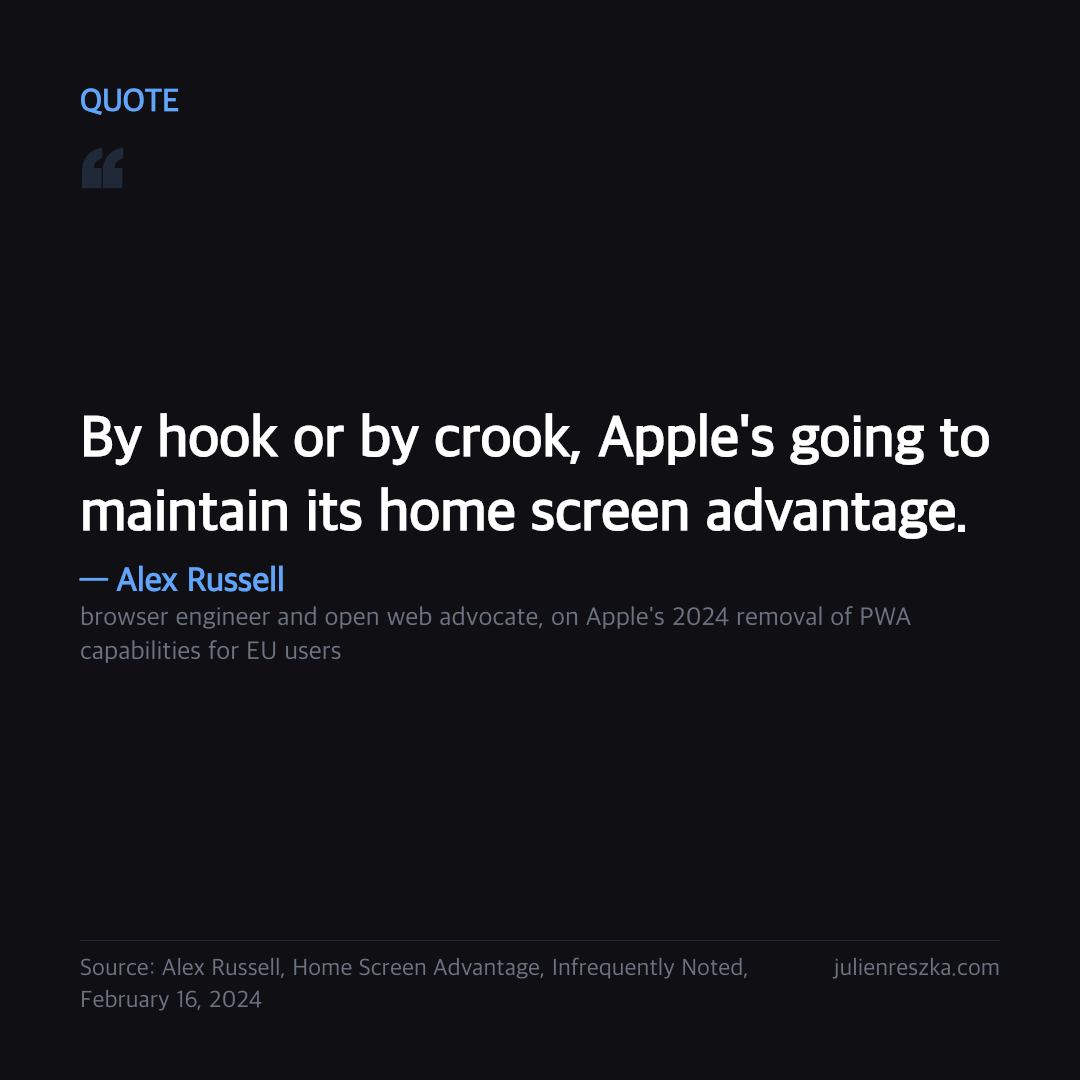 Quote: By hook or by crook, Apple's going to maintain its home screen advantage. — Alex Russell
