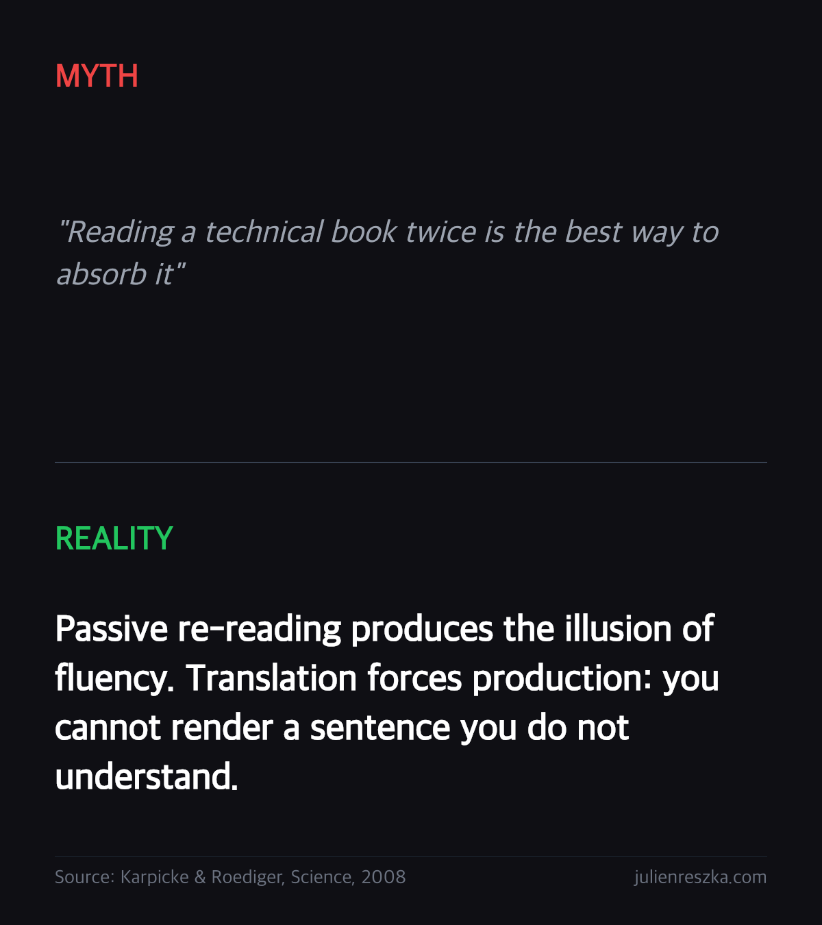 Myth: Reading a technical book twice is the best way to absorb it — Reality: Passive re-reading produces the illusion of fluency. Translation forces production: you cannot render a sentence you do not understand.