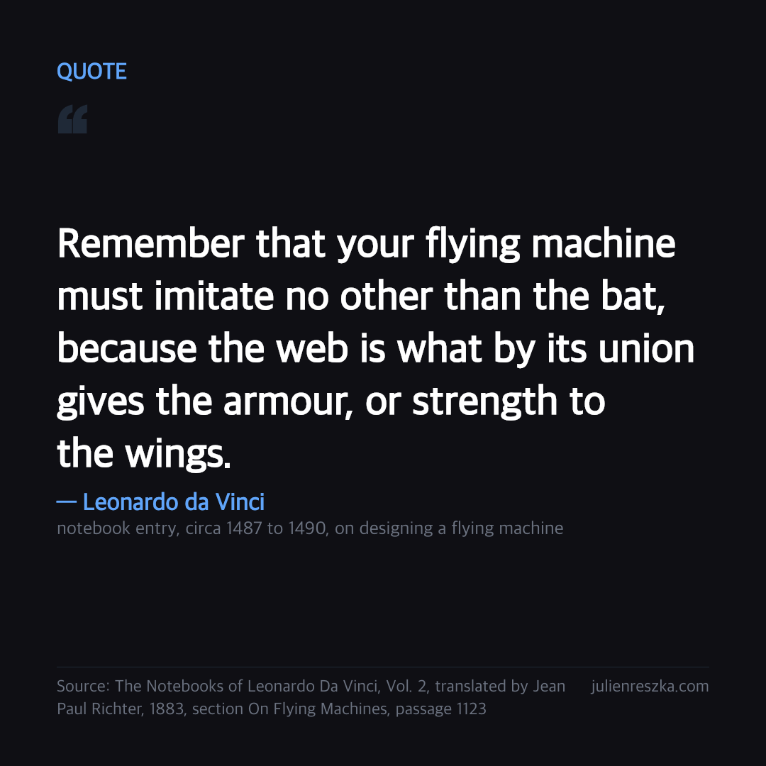 Quote: Remember that your flying machine must imitate no other than the bat, because the web is what by its union gives the armour, or strength to the wings. — Leonardo da Vinci