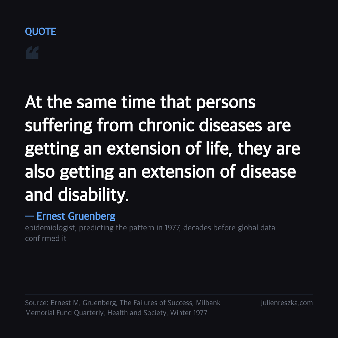 Quote: At the same time that persons suffering from chronic diseases are getting an extension of life, they are also getting an extension of disease and disability. — Ernest Gruenberg