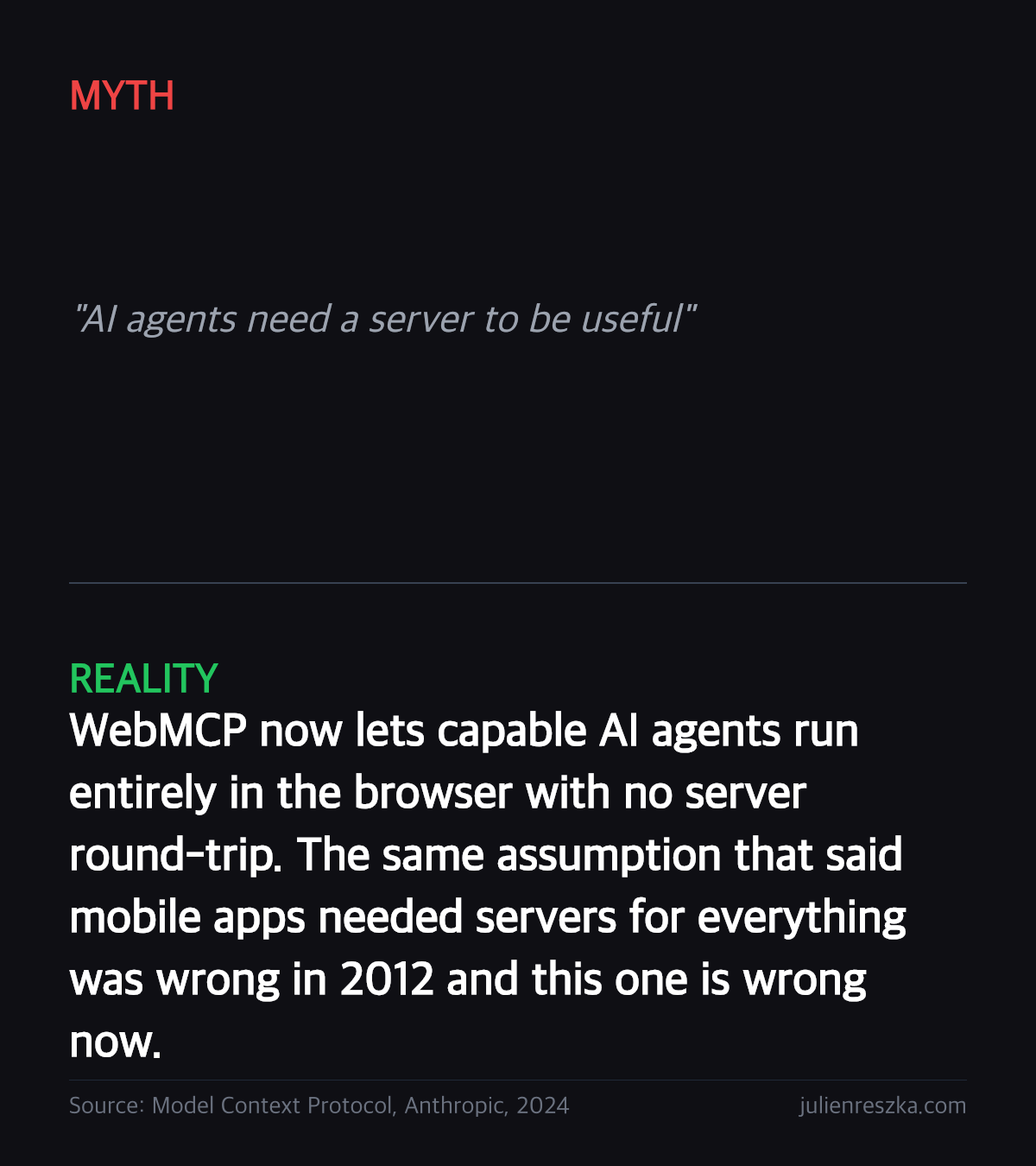 Myth: AI agents need a server to be useful — Reality: WebMCP now lets capable AI agents run entirely in the browser with no server round-trip. The same assumption that said mobile apps needed servers for everything was wrong in 2012 and this one is wrong now.