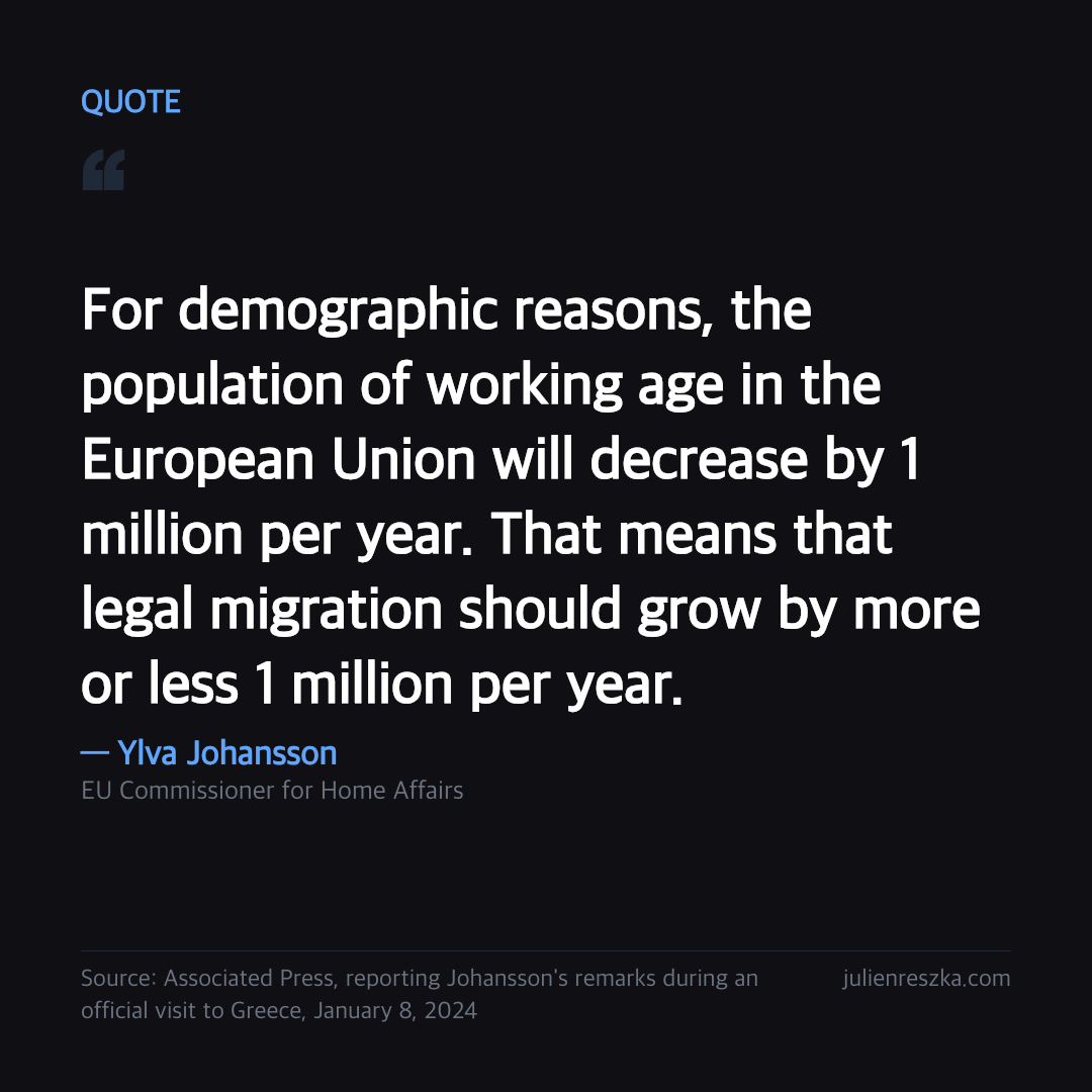 Quote: For demographic reasons, the population of working age in the European Union will decrease by 1 million per year. That means that legal migration should grow by more or less 1 million per year. — Ylva Johansson