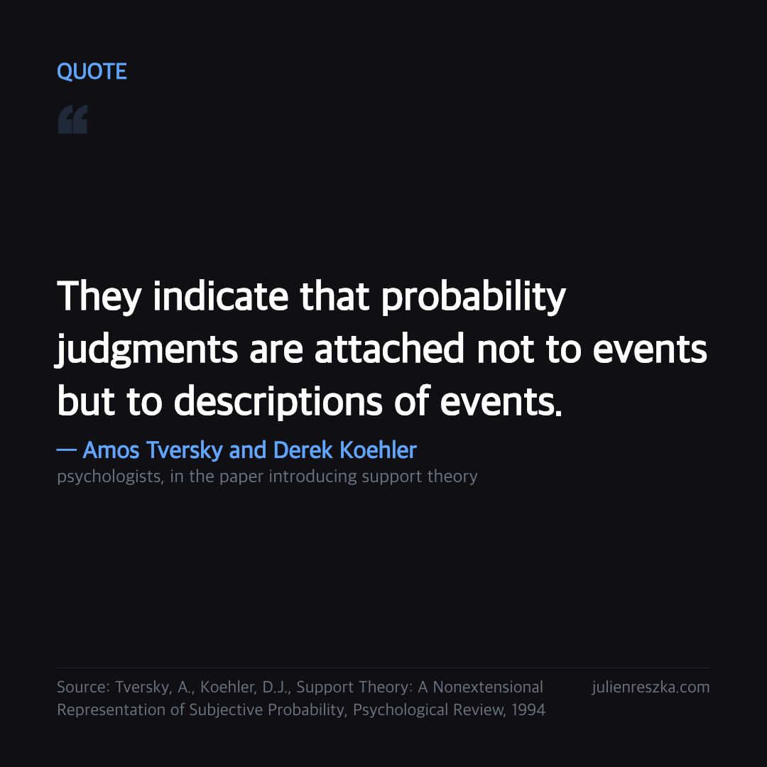Quote: They indicate that probability judgments are attached not to events but to descriptions of events. — Amos Tversky and Derek Koehler
