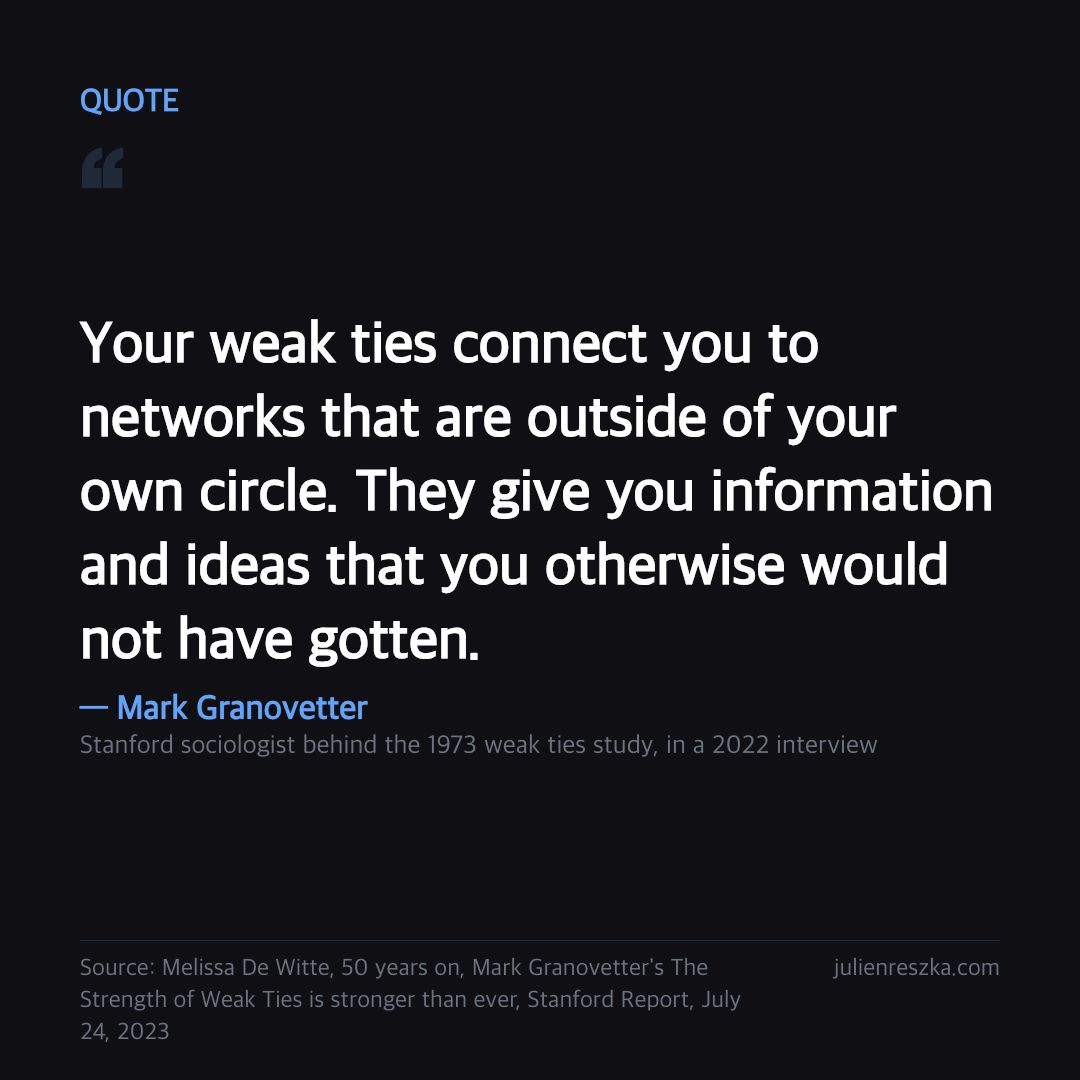Quote: Your weak ties connect you to networks that are outside of your own circle. They give you information and ideas that you otherwise would not have gotten. — Mark Granovetter